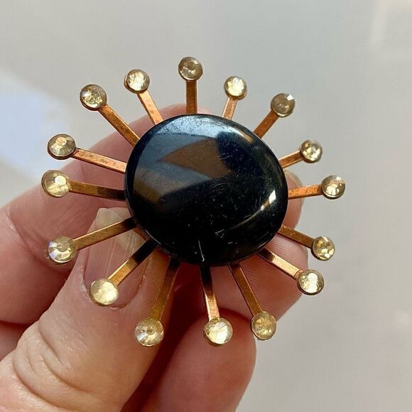 Upcycled Atomic Starburst Refrigerator Magnet Buttons Rhinestones Black - Picture 2 of 4